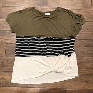 Maurice’s Olive, Cream, and Black Striped Women's Colorblock Top w Knot Detail